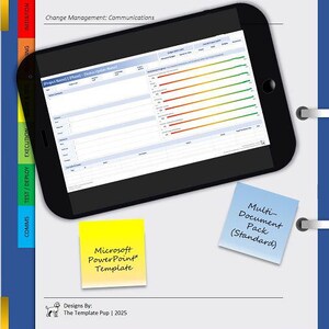 Könnte beinhalten: Ein schwarzes Smartphone zeigt ein Projektmanagement-Diagramm. Ein gelber Haftzettel mit der Aufschrift "Microsoft PowerPoint Template" und ein blauer Haftzettel mit der Aufschrift "Multi-Document Pack (Standard)". Das Dokument befindet sich auf blauem Hintergrund.