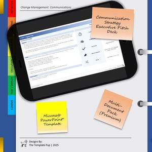 May include: A digital tablet displaying a "Change Management: Communications" document, with sticky notes labeled "Communication Strategy Executive Pitch Deck", "Microsoft PowerPoint Template", and "Multi-Document Pack (Premium)". The design is by The Template Pup, 2025.