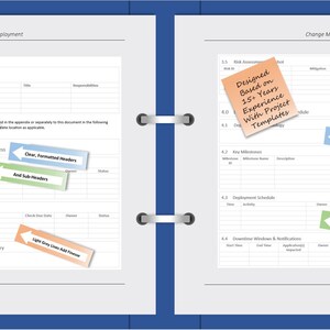 K&ouml;nnte beinhalten: Offenes Notizbuch mit dem Titel Change Management: Testing & Deployment. Enth&auml;lt Haftnotizen mit dem Text &bdquo;Minimalist Style Makes Your Words Smile&ldquo; und &bdquo;Designed Based on 15+ Years Experience With Project Templates&ldquo;. Enth&auml;lt auch Etiketten &bdquo;Clear Placeholders&ldquo; und &bdquo;Tabulated Data Sections&ldquo;.