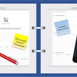 K&ouml;nnte beinhalten: Offenes Notizbuch mit Dokumentseiten, einem roten Stift und Haftnotizen. Die Notizen lauten "Single Print-Friendly Template", "Microsoft Word Template" und "Instant Download". Ein Smartphone zeigt einen Kalendereintrag.