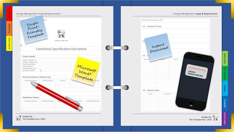 K&ouml;nnte beinhalten: Offenes Notizbuch mit Dokumentseiten, einem roten Stift und Haftnotizen. Die Notizen lauten "Single Print-Friendly Template", "Microsoft Word Template" und "Instant Download". Ein Smartphone zeigt einen Kalendereintrag.