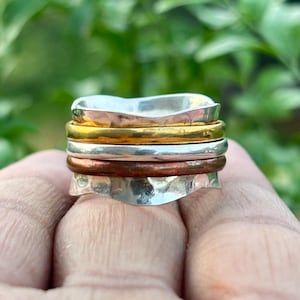 925 Sterling Silver Spinner Ring | Hammered Band Ring with Mixed Metal Spinners | Anxiety Fidget Ring | Unisex Meditation Ring