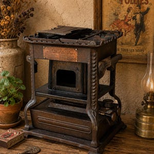 May include: A vintage, dark brown cast iron portable stove featuring a rectangular base, a central burner chamber, and a top grate. A rectangular metal plate with text is attached to the front. The stove has decorative vertical supports and side handles.