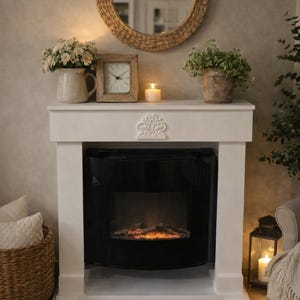 Op de afbeelding: Witte open haard met zwart interieur, bekroond met een klok, bloemen en een kaars. Een geweven spiegel hangt erboven. Een mand en een lantaarn met een brandende kaars creëren een gezellige sfeer.