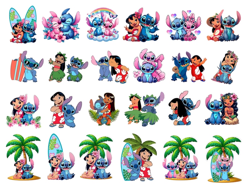 Może przedstawiać: Kolekcja kolorowych ilustracji z kresk&oacute;wek z postaciami Lilo i Stitch. Obrazy przedstawiają postacie w r&oacute;żnych pozach, w tym surfingu, obejmowaniu i otoczeniu kwiatami. Grafika ma motyw tropikalny.