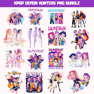 May include: A collection of digital PNG graphics featuring KPop Demon Hunters. The images showcase various anime-style illustrations of groups of female characters in dynamic poses, with vibrant colors and the text "HUNTRAX" and "KPOP DEMON HUNTERS".