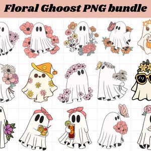 Cute Ghost Halloween svg Bundle, Retro Ghost png, Retro Floral Ghost png, Dog Ghost svg, Ghost Reading svg, Spooky Season, Halloween png