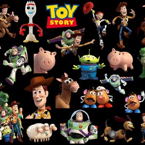 May include: A collection of characters from the animated film "Toy Story" against a black background. The image includes Woody, Buzz Lightyear, Jessie, Mr. Potato Head, Hamm, Rex, and other characters. The "Toy Story" logo is also visible.