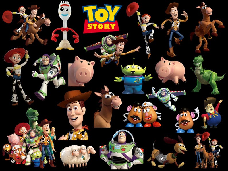 May include: A collection of characters from the animated film "Toy Story" against a black background. The image includes Woody, Buzz Lightyear, Jessie, Mr. Potato Head, Hamm, Rex, and other characters. The "Toy Story" logo is also visible.