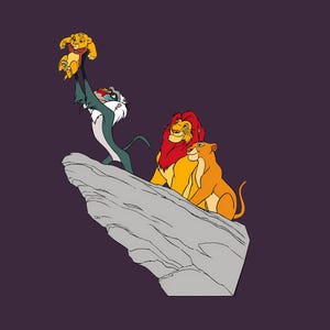 May include: A cartoon image featuring characters from The Lion King. Rafiki holds up Simba, while Mufasa and Sarabi sit on a rock. The background is a dark purple color. The characters are in shades of yellow, orange, red, and green.