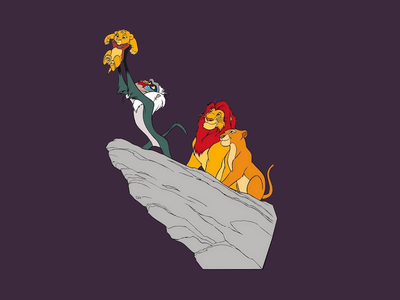 May include: A cartoon image featuring characters from The Lion King. Rafiki holds up Simba, while Mufasa and Sarabi sit on a rock. The background is a dark purple color. The characters are in shades of yellow, orange, red, and green.
