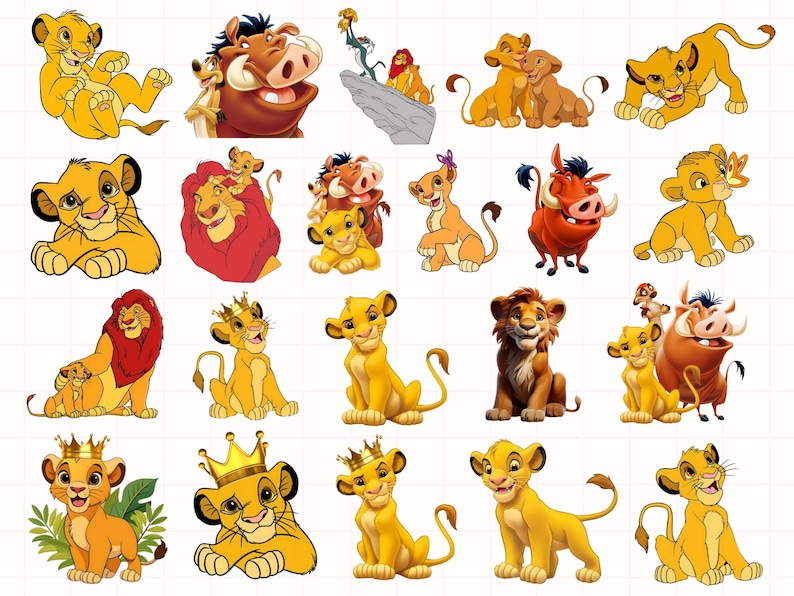May include: A collection of cartoon illustrations featuring characters from The Lion King. The images include Simba, Nala, Timon, Pumbaa, and Mufasa in various poses. The characters are depicted in their signature colors, with a focus on yellow, orange, and red.