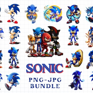Pode incluir: Uma coleção de várias imagens azuis do personagem Sonic the Hedgehog em diferentes poses. As imagens incluem Sonic, Tails, Knuckles e Shadow. O texto "SONIC PNG-JPG BUNDLE" é exibido em azul.