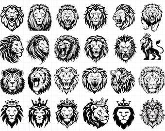 May include: A collection of black and white lion illustrations. The images depict various lion poses, including roaring, side profiles, and crowned lions. The designs are detailed and suitable for graphic design projects.