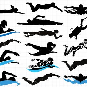 May include: A collection of black silhouette illustrations of swimmers in various strokes and positions. Some figures are shown with goggles and swim caps, while others are shown with blue water graphics. The image is on a white grid background.