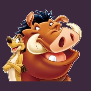 May include: A cartoon illustration of Timon and Pumbaa from The Lion King. Timon, a meerkat, stands with arms crossed, while Pumbaa, a warthog, smiles widely. The background is a solid dark purple.