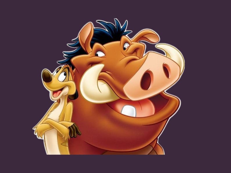 May include: A cartoon illustration of Timon and Pumbaa from The Lion King. Timon, a meerkat, stands with arms crossed, while Pumbaa, a warthog, smiles widely. The background is a solid dark purple.
