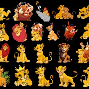 May include: A collection of cartoon images featuring characters from the animated film "The Lion King." The images include Simba, Timon, Pumbaa, and other characters in various poses and scenes. The illustrations are in vibrant yellow, orange, and red hues against a black background.