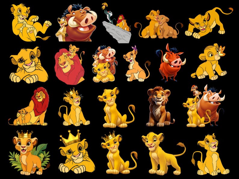 May include: A collection of cartoon images featuring characters from the animated film "The Lion King." The images include Simba, Timon, Pumbaa, and other characters in various poses and scenes. The illustrations are in vibrant yellow, orange, and red hues against a black background.