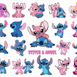 Puede incluir: Una colección de pegatinas de personajes de dibujos animados con Stitch y Angel en varias poses. Los personajes son principalmente azules y rosas, algunos sosteniendo corazones o usando sombreros de fiesta. También está presente el texto "Stitch & Angel".