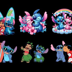 Może przedstawiać: Kolekcja kolorowych ilustracji z kresk&oacute;wek przedstawiających postacie Stitcha i Lilo z filmu Disneya Lilo & Stitch. Obrazy przedstawiają Stitcha i Lilo w r&oacute;żnych pozach, w tym surfingu, tańcu i obejmowaniu, z elementami kwiatowymi i tropikalnymi.
