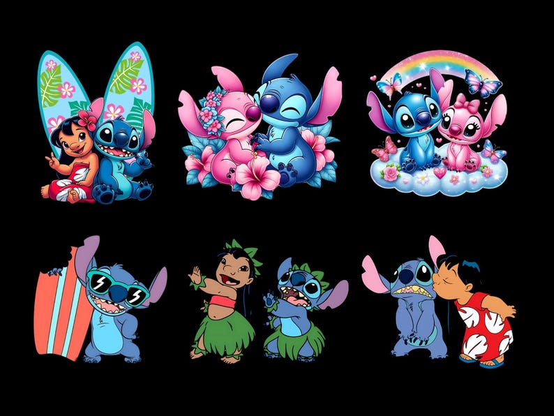 Może przedstawiać: Kolekcja kolorowych ilustracji z kresk&oacute;wek przedstawiających postacie Stitcha i Lilo z filmu Disneya Lilo & Stitch. Obrazy przedstawiają Stitcha i Lilo w r&oacute;żnych pozach, w tym surfingu, tańcu i obejmowaniu, z elementami kwiatowymi i tropikalnymi.