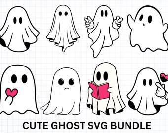 Ghost Svg Bundle, Ghost Outline Svg, Spooky Ghost, Halloween svg, Cute ghost with pumpkin, ghost with coffee svg, Flower Ghost Svg