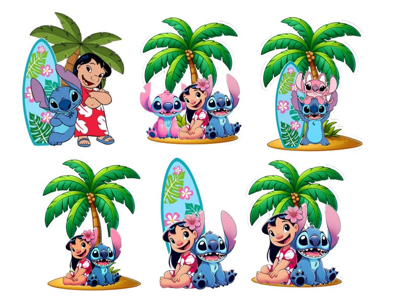 Może przedstawiać: Zestaw sześciu kolorowych obraz&oacute;w z kresk&oacute;wek z postaciami Lilo & Stitch. Każdy obraz zawiera Lilo, Stitch, a czasem Angel, wraz z palmami i deskami surfingowymi. Postacie są przedstawione w r&oacute;żnych pozach, w jasnych kolorach.