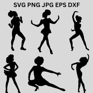 May include: Black silhouette images of dancers in various poses. The dancers are in motion, with arms and legs extended. The image includes the text "SVG PNG JPG EPS DXF" at the top.