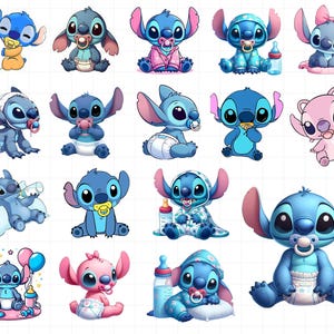 May include: A collection of cartoon illustrations of the character Stitch from the Disney movie Lilo & Stitch. The images depict Stitch in various baby-themed outfits, including diapers, pacifiers, and baby bottles. The color palette is primarily blue and pink.