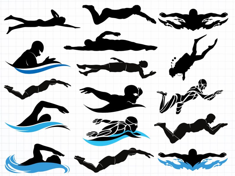 May include: A collection of black silhouette illustrations of swimmers in various strokes and positions. Some figures are shown with goggles and swim caps, while others are depicted with stylized water waves. The image is set against a white grid background.