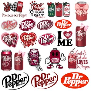 May include: A selection of Dr. Pepper-themed stickers and graphics. The designs feature soda cans with bows, heart-shaped logos, and text such as "Peace Love Dr. Pepper" and "I Love Me." The main colors are red and white.