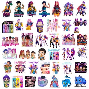 Puede incluir: Una colección de pegatinas coloridas con temática K-Pop que presentan varios personajes y grupos. Las pegatinas muestran ilustraciones de estilo anime, texto como "KPOP DEMON HUNTERS" y los nombres "Rumi" y "Zoey".