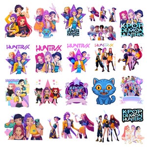 Pode incluir: Uma coleção de adesivos e ilustrações coloridas com tema K-Pop. Os designs apresentam grupos de figuras femininas estilizadas, estrelas e o texto "K-Pop Demon Hunters" e "Huntrax". Uma ilustração de gato azul também está incluída.