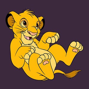 May include: A cartoon illustration of a playful lion cub in a relaxed pose. The cub is primarily yellow with a light pink nose and paw pads, set against a dark purple background. The lion is smiling, with its paws in the air.