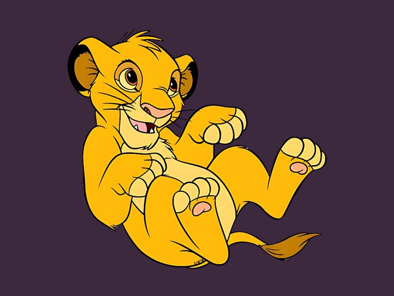 May include: A cartoon illustration of a playful lion cub in a relaxed pose. The cub is primarily yellow with a light pink nose and paw pads, set against a dark purple background. The lion is smiling, with its paws in the air.