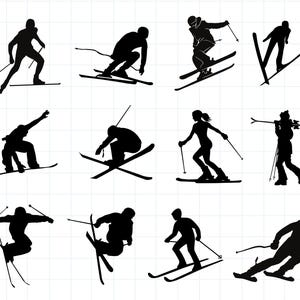 Könnte beinhalten: Eine Sammlung schwarzer Silhouette-Illustrationen, die verschiedene Ski- und Snowboard-Posen darstellen. Die Bilder zeigen Skifahrer in Aktion, darunter Abfahrten, Sprünge und Drehungen, mit Skistöcken und Snowboards. Der Hintergrund ist ein weißes Gitter.