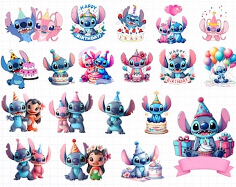 Stitch birthday PNG, bundle clipart Stitch, Stitch birthday hat and balloons PNG, Lilo and Stitch Svg Png, Cute Stitch PNG