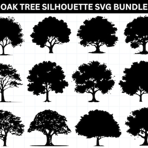 Puede incluir: Doce siluetas negras de árboles de roble en diversas formas. El texto "OAK TREE SILHOUETTE SVG BUNDLE" aparece en la parte superior. Ideal para proyectos de arte digital y manualidades.