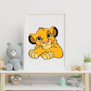 May include: A framed print featuring a cartoon illustration of a yellow lion cub with a pink nose and black accents. The artwork is displayed on a white shelf with toys and decorative items.