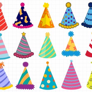 Puede incluir: Una colección de coloridos gorros de fiesta con varios diseños. Los gorros presentan rayas, lunares, estrellas y otros patrones festivos. Cada gorro tiene un pompón o estrella en la parte superior, perfecto para cumpleaños y ocasiones festivas.