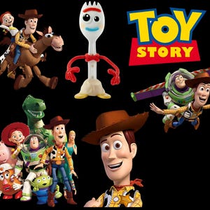 May include: A collage of characters from the animated film Toy Story against a black background. Woody, Buzz Lightyear, Jessie, and other characters are featured. The Toy Story logo is displayed in yellow and blue.