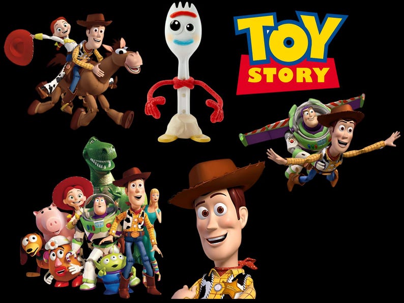 May include: A collage of characters from the animated film Toy Story against a black background. Woody, Buzz Lightyear, Jessie, and other characters are featured. The Toy Story logo is displayed in yellow and blue.
