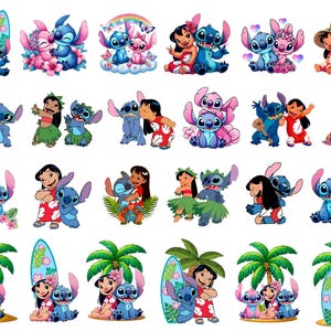 Może przedstawiać: Kolekcja kolorowych ilustracji z kresk&oacute;wek z postaciami Lilo i Stitch. Obrazy przedstawiają postacie w r&oacute;żnych pozach, w tym surfingu, obejmowaniu i otoczeniu kwiatami. Grafika ma motyw tropikalny.