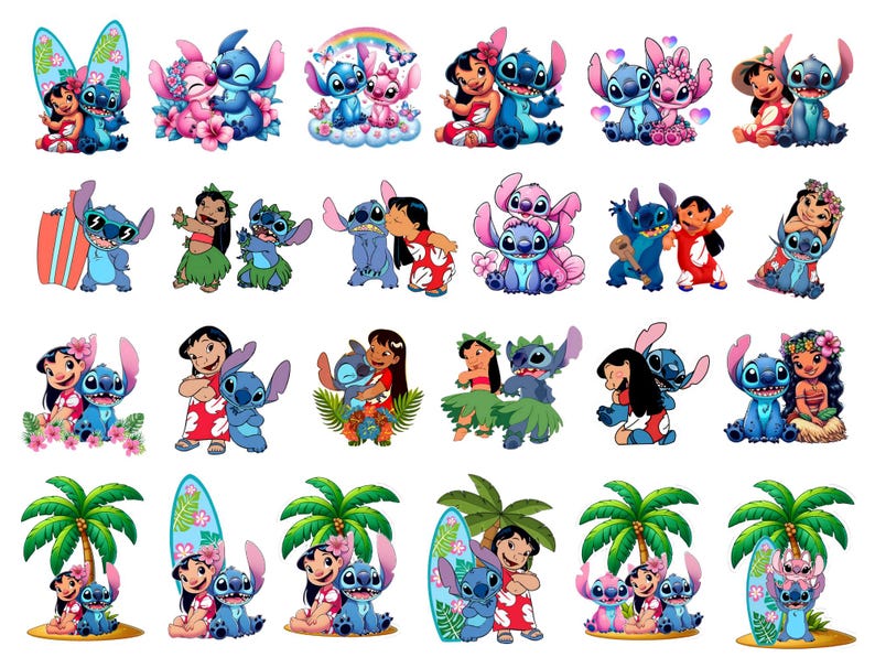 Może przedstawiać: Kolekcja kolorowych ilustracji z kresk&oacute;wek z postaciami Lilo i Stitch. Obrazy przedstawiają postacie w r&oacute;żnych pozach, w tym surfingu, obejmowaniu i otoczeniu kwiatami. Grafika ma motyw tropikalny.