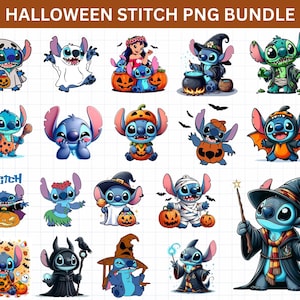 Puede incluir: Un conjunto de imágenes PNG de Stitch con temática de Halloween. Las imágenes muestran a Stitch con varios disfraces, incluyendo una bruja, una momia y un fantasma. Las imágenes son coloridas y adecuadas para manualidades y diseños digitales.