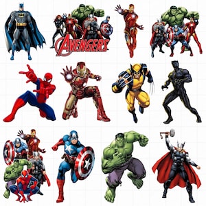 Pode incluir: Ilustrações de vários super-heróis, incluindo Batman, Homem-Aranha, Homem de Ferro, Capitão América, Hulk, Thor, Wolverine e Pantera Negra. A palavra "Avengers" é exibida em vermelho e branco.