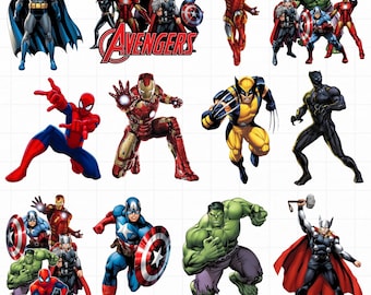 May include: A collection of superhero character illustrations, including Batman, Spider-Man, Iron Man, Captain America, Hulk, Thor, Wolverine, and Black Panther. The word "Avengers" is displayed in red and white.