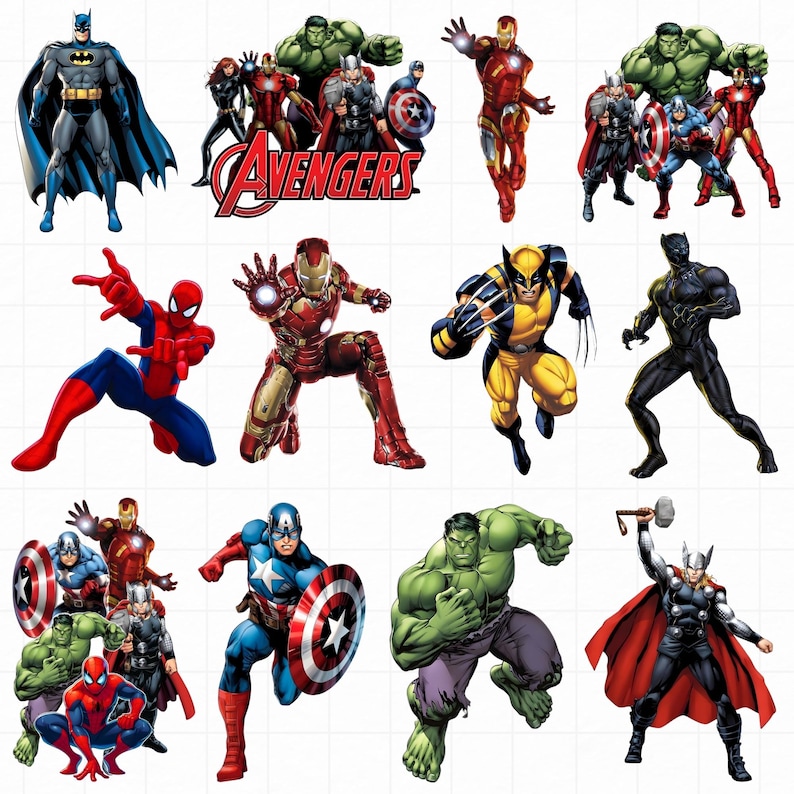 Pu&ograve; includere: Illustrazioni di vari supereroi, tra cui Batman, Spider-Man, Iron Man, Captain America, Hulk, Thor, Wolverine e Pantera Nera. La parola "Avengers" &egrave; visualizzata in rosso e bianco.