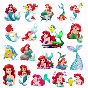 May include: A collection of colorful cartoon illustrations of a mermaid with long red hair, a teal tail, and a blue seashell bra. Some images include a yellow fish and a red crab. The mermaid is in various poses.